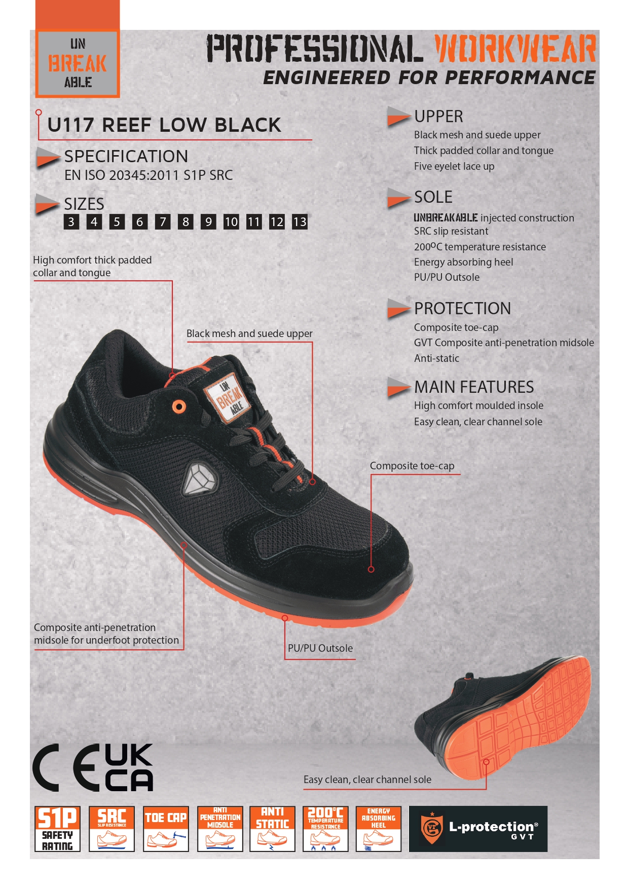 Unbreakable U117 Reef Low S1P Black Trainer