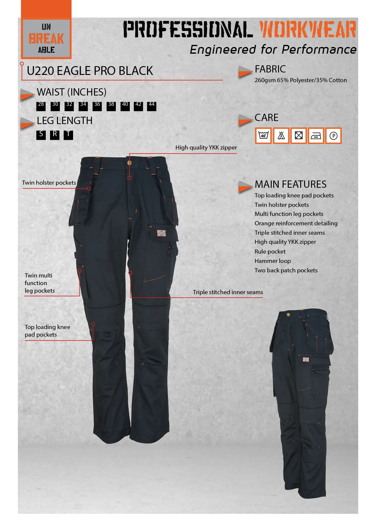 Unbreakable U220 Eagle Pro Black Multi-Pocket Work Trouser