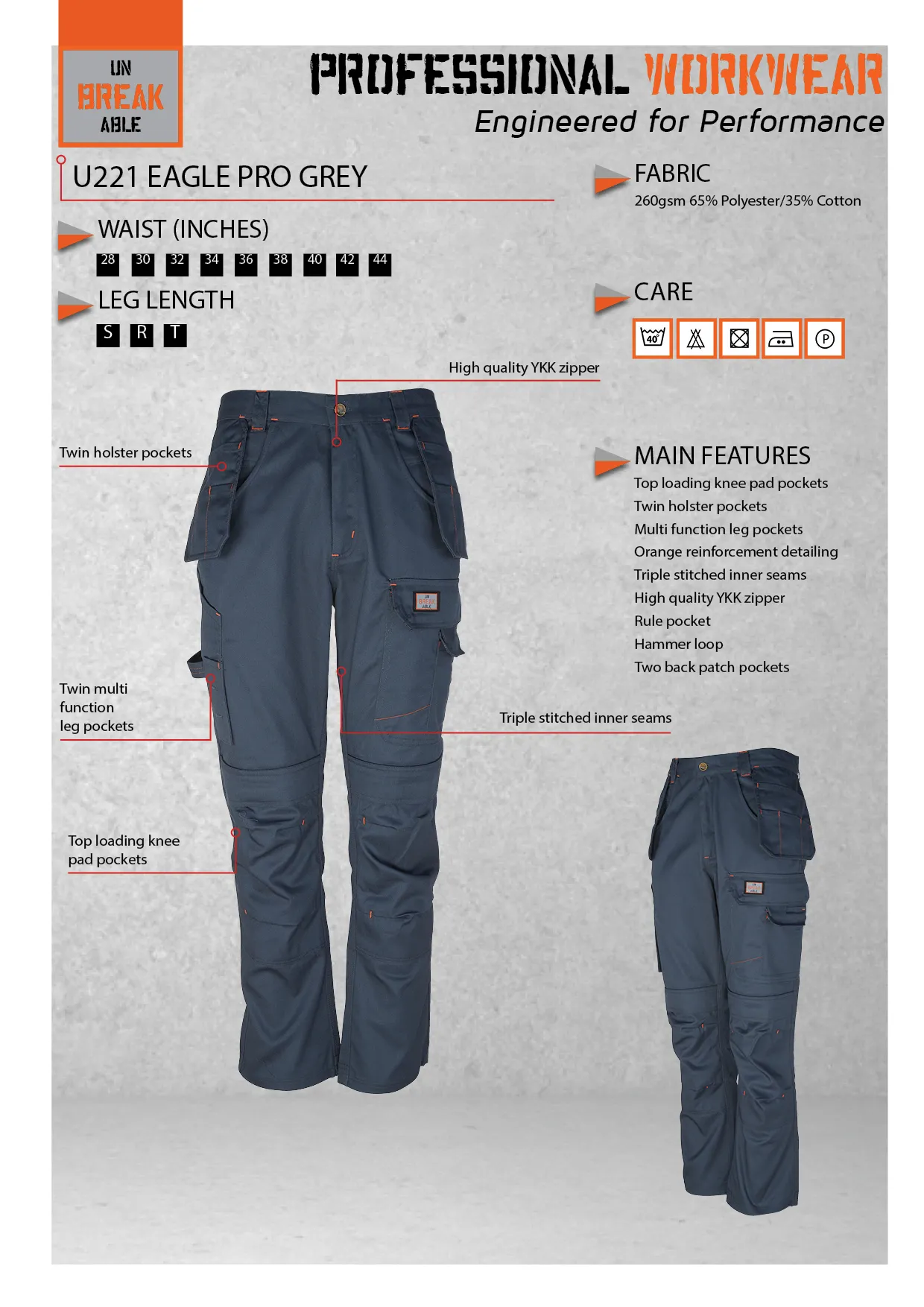 Unbreakable U221 Eagle Pro Grey Multi-Pocket Work Trouser