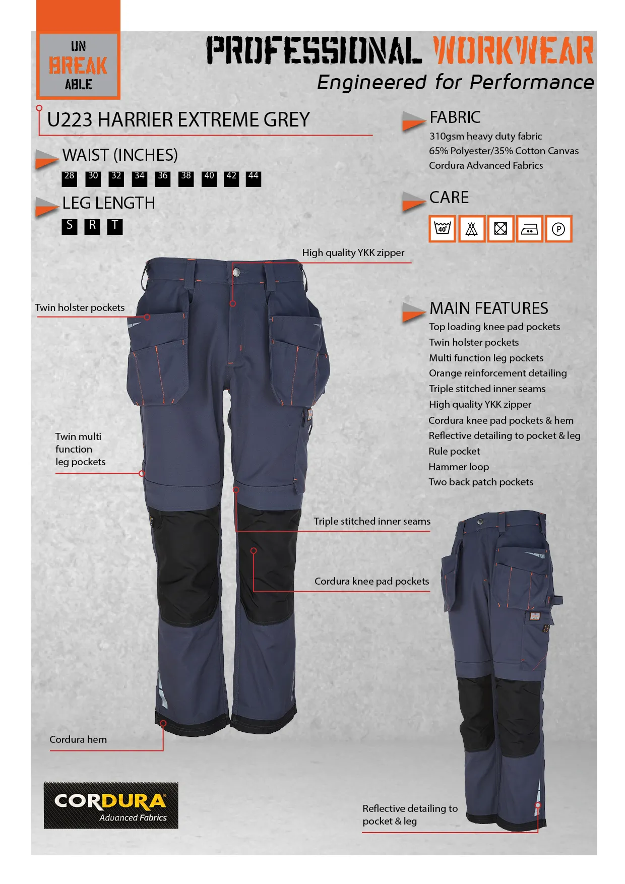 Unbreakable U223 Harrier Grey Extreme Multi-Pocket Work Trouser