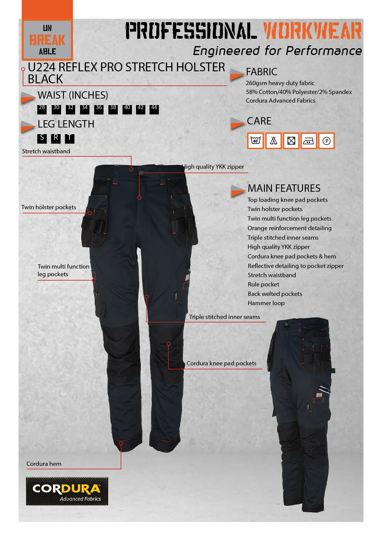 Unbreakable U224 Relfex Pro Stretch Holster Black Multi-Pocket Work Trouser