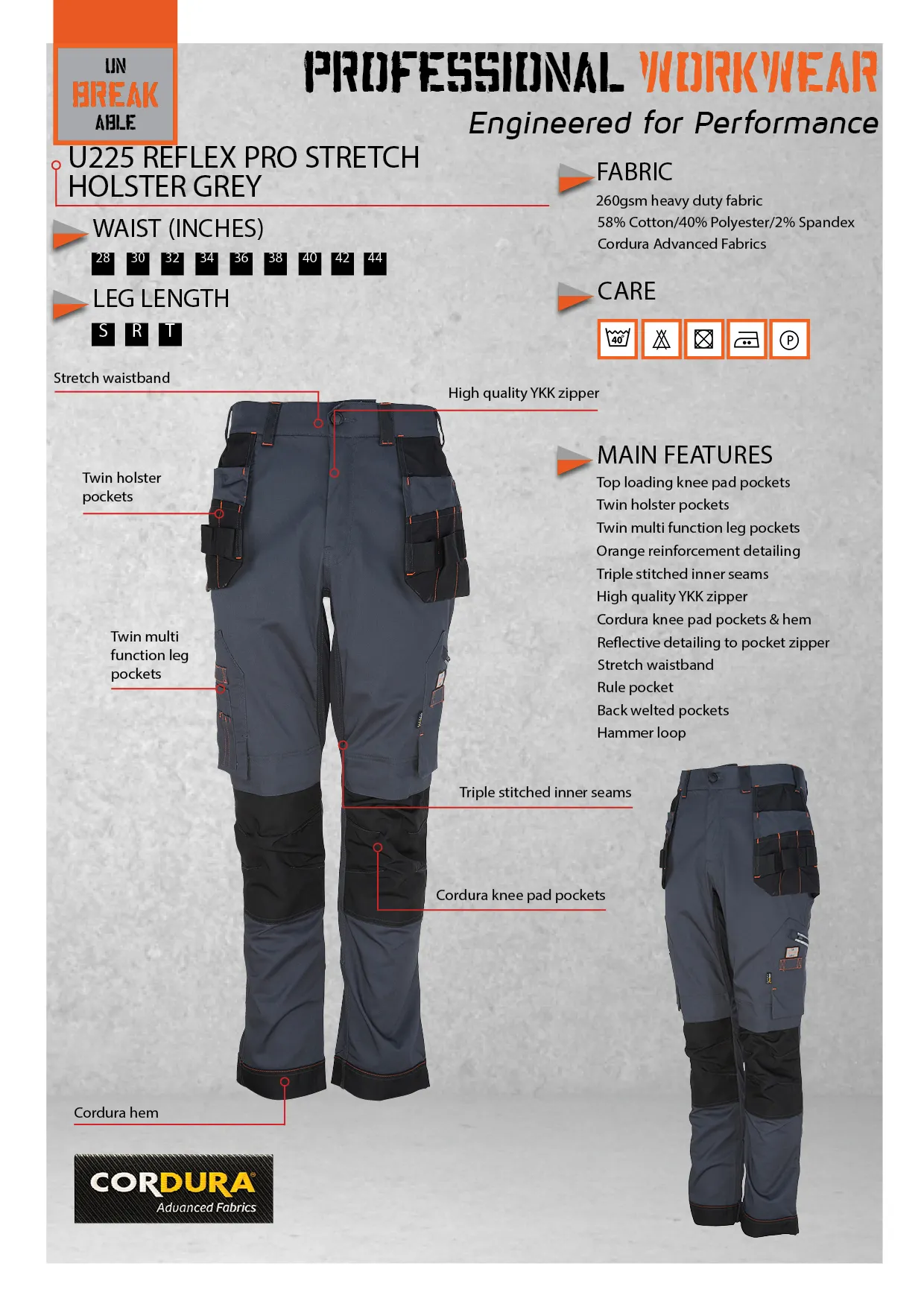 Unbreakable U225 Relfex Pro Stretch Holster Grey Multi-Pocket Work Trouser