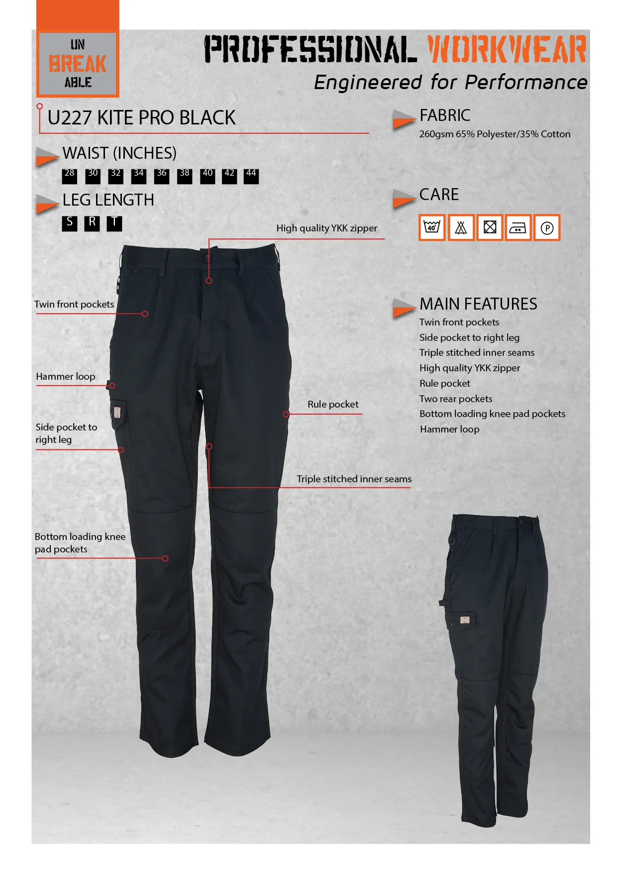 Unbreakable U227 Kite Pro Black Multi-Pocket Work Trouser