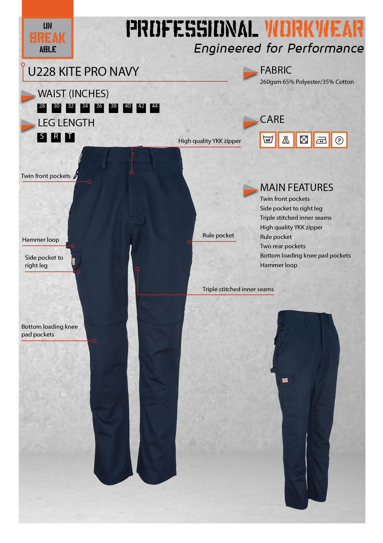 Unbreakable U228 Kite Pro Navy Multi-Pocket Work Trouser