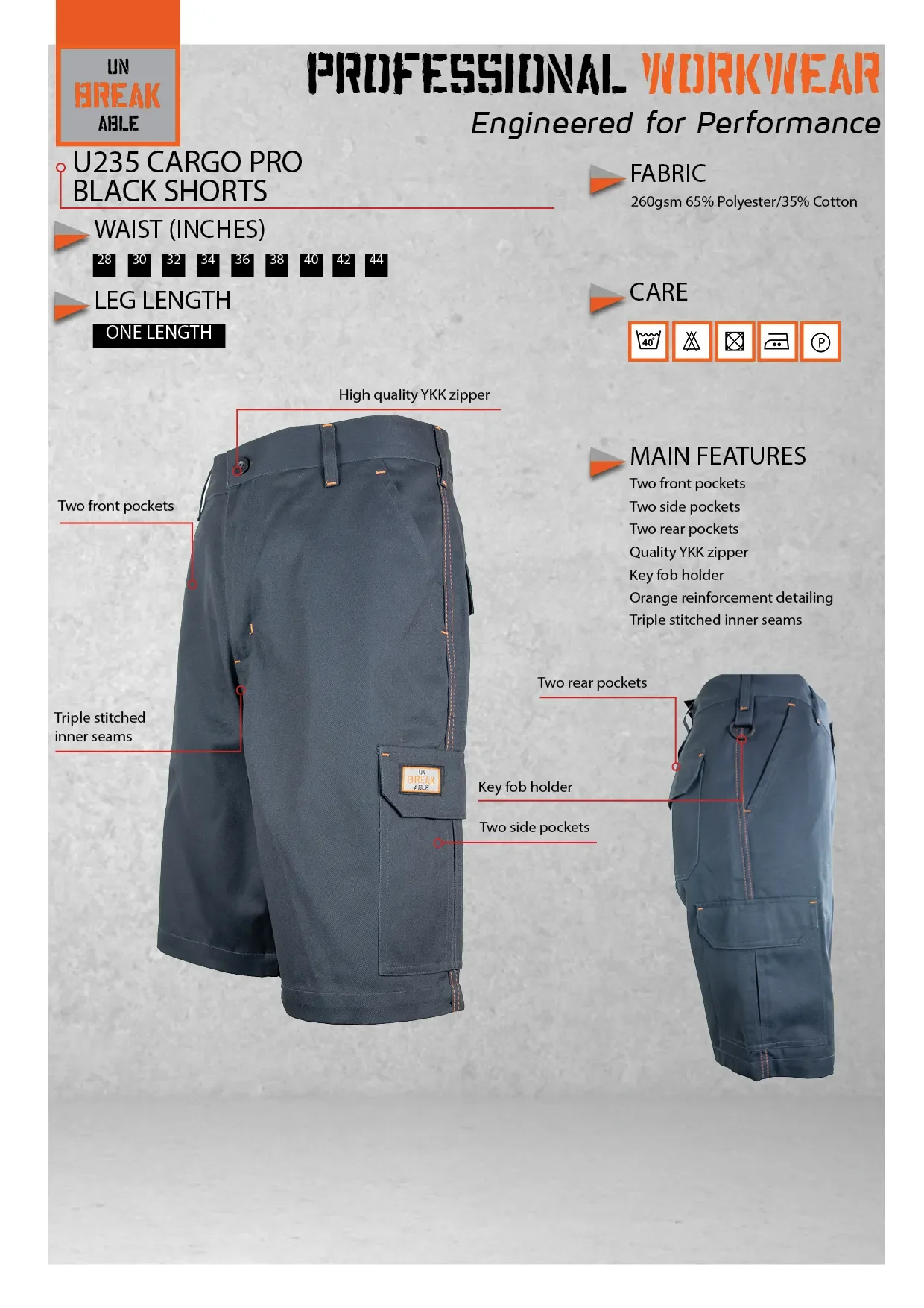 Unbreakable U235 Cargo Pro Black Work Shorts