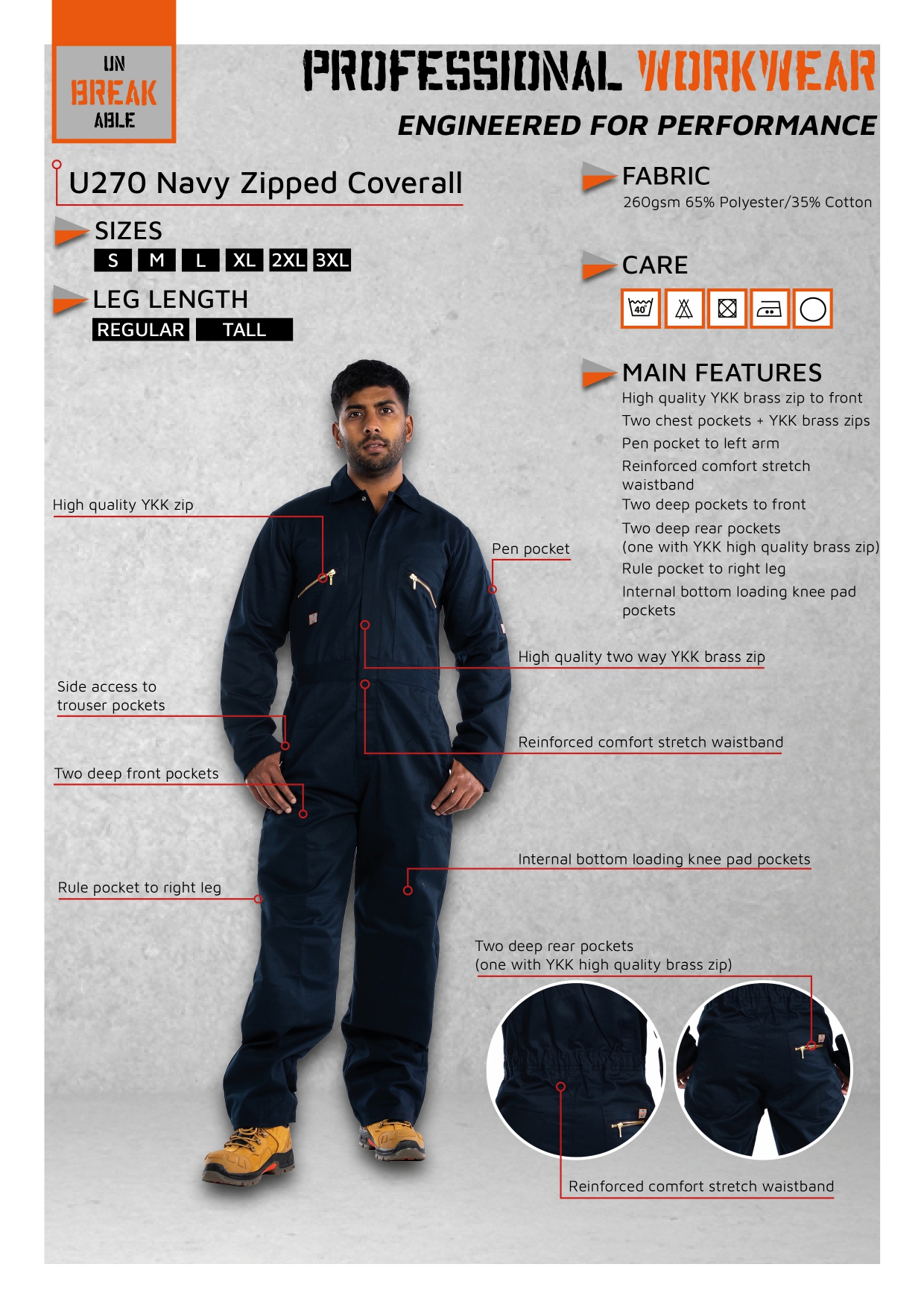 Unbreakable U270 Navy Zipped Coverall