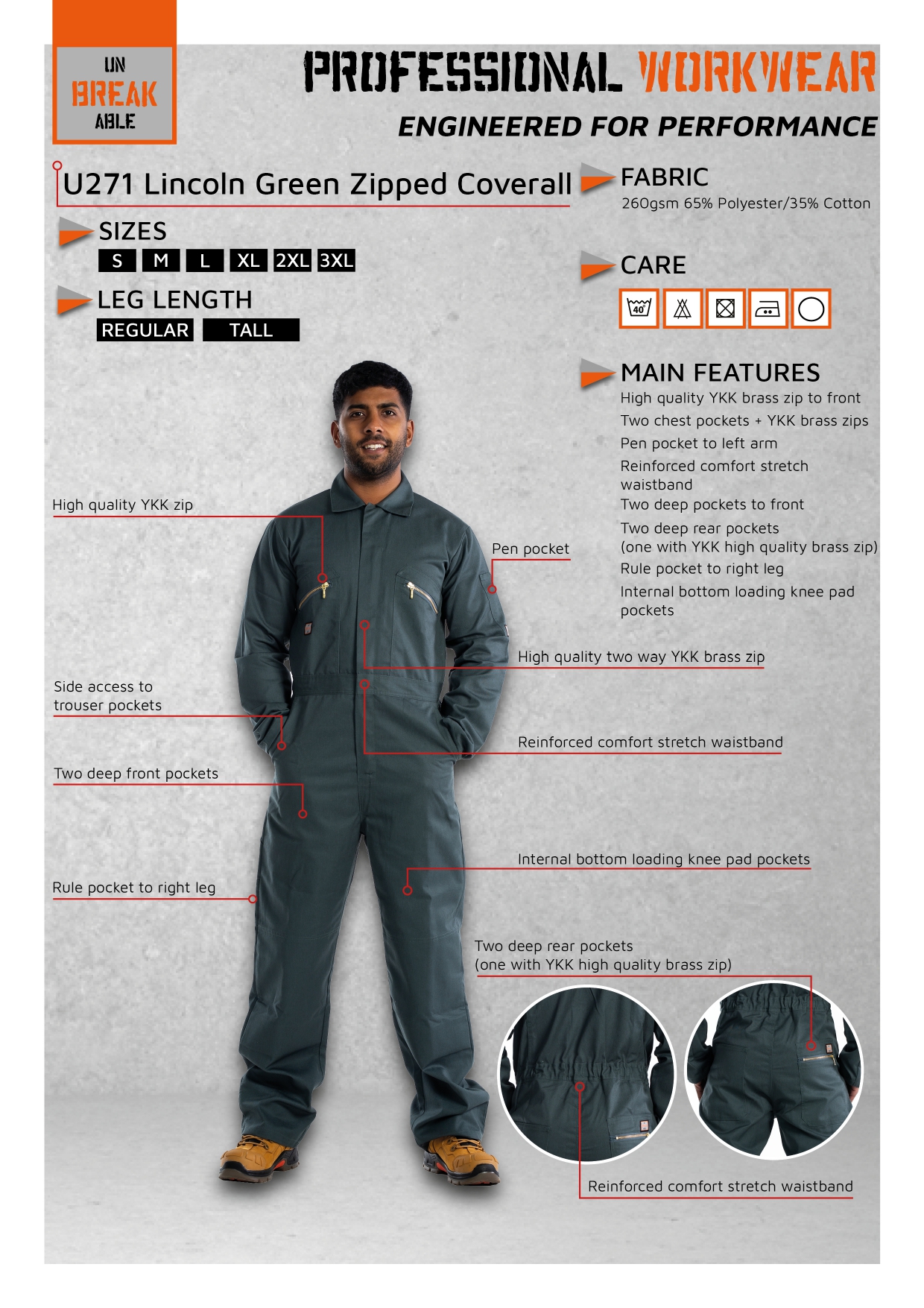 Unbreakable U271 Green Zipped Coverall