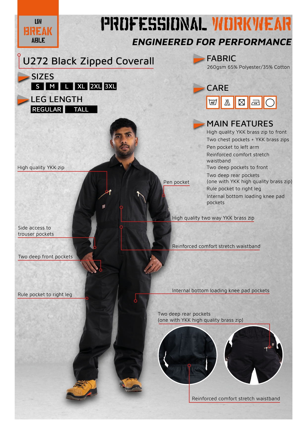 Unbreakable U272 Black Zipped Coverall