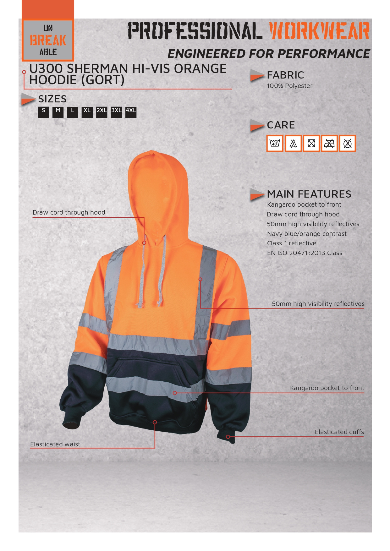 Unbreakable U300 Sherman Orange/Navy Hi Vis Hoodie