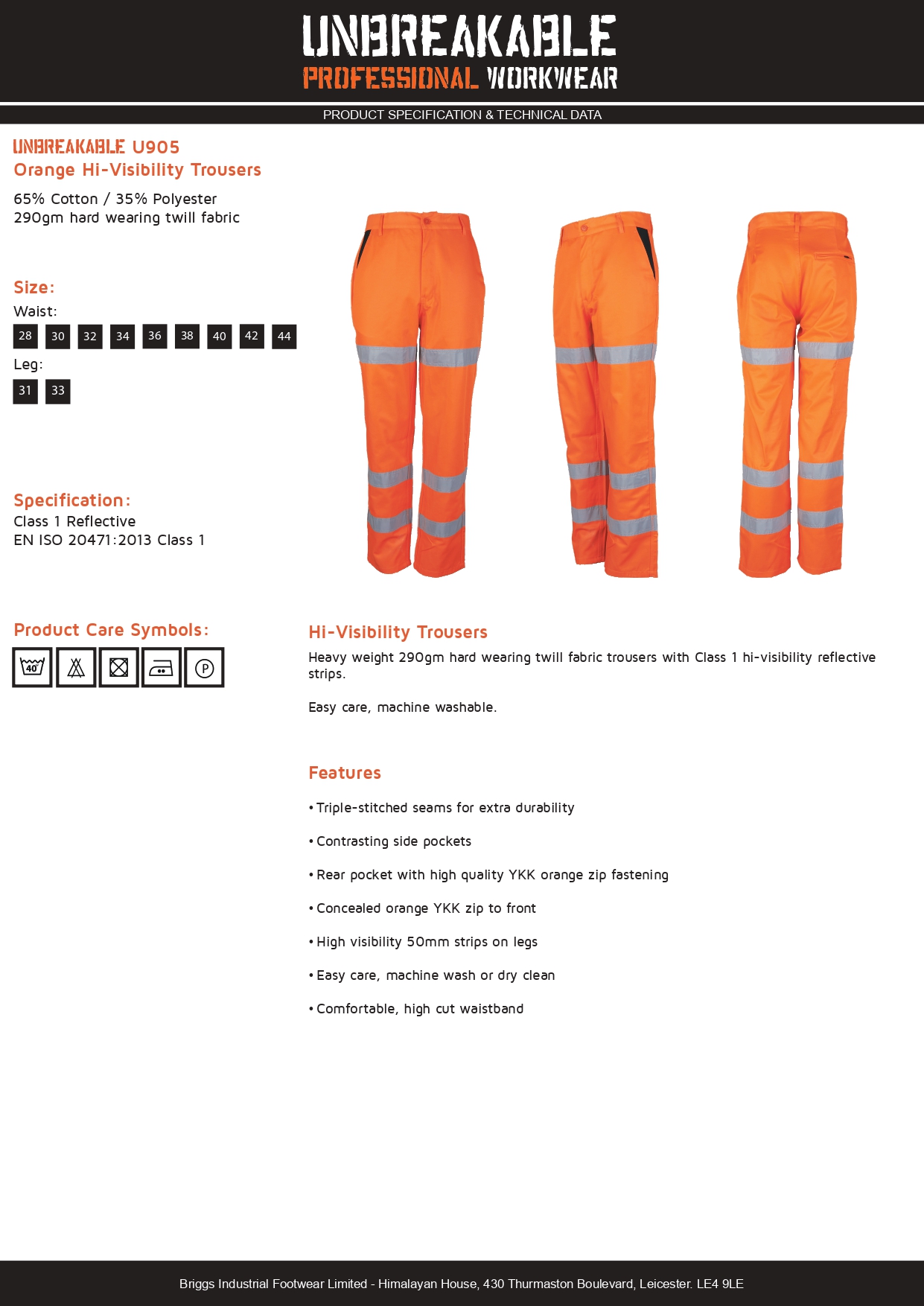 Unbreakable U905 Orange Hi-Vis Work Trousers